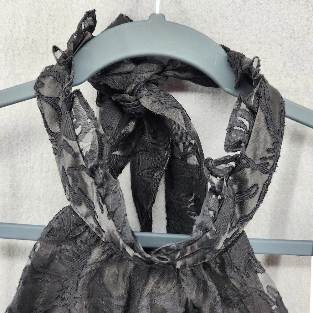 Lulus Black Floral Burnout Lace Halter Mini Dress Tiered‎ Peplum Size L Cocktail - Picture 4 of 6